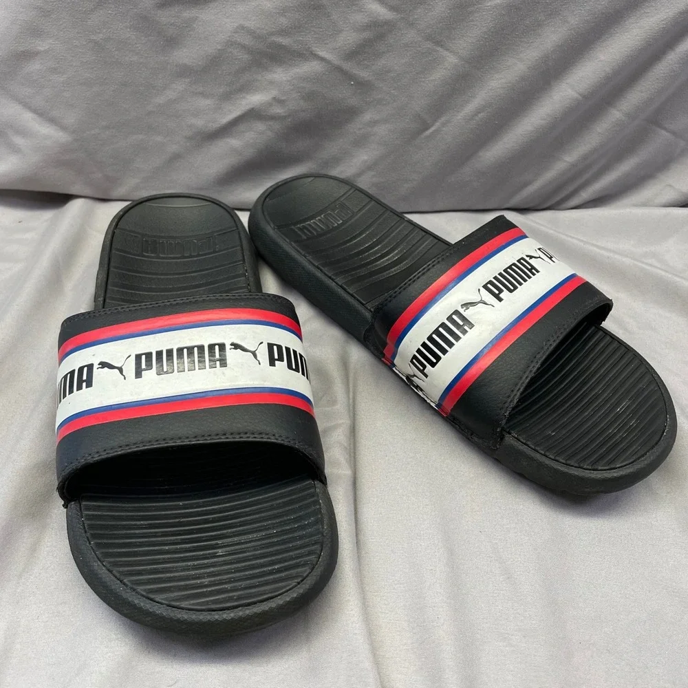 Puma Cool Cat Mens Slides Black‎ Red White Blue Logo Sandals US 11